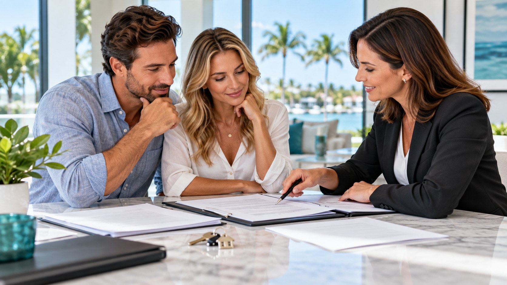 Homebuyers review final mortgage documents with a real estate professional.