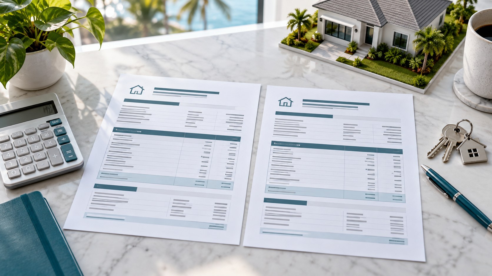 Two mortgage Loan Estimates side by side with a calculator and house keys.