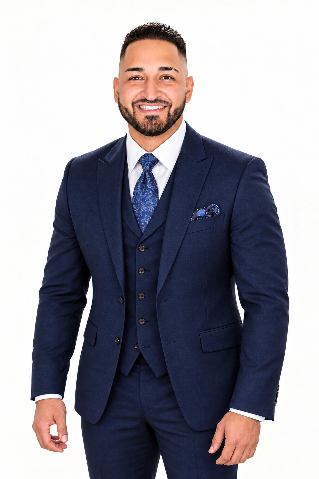 Len Padilla in a tailored navy three-piece suit